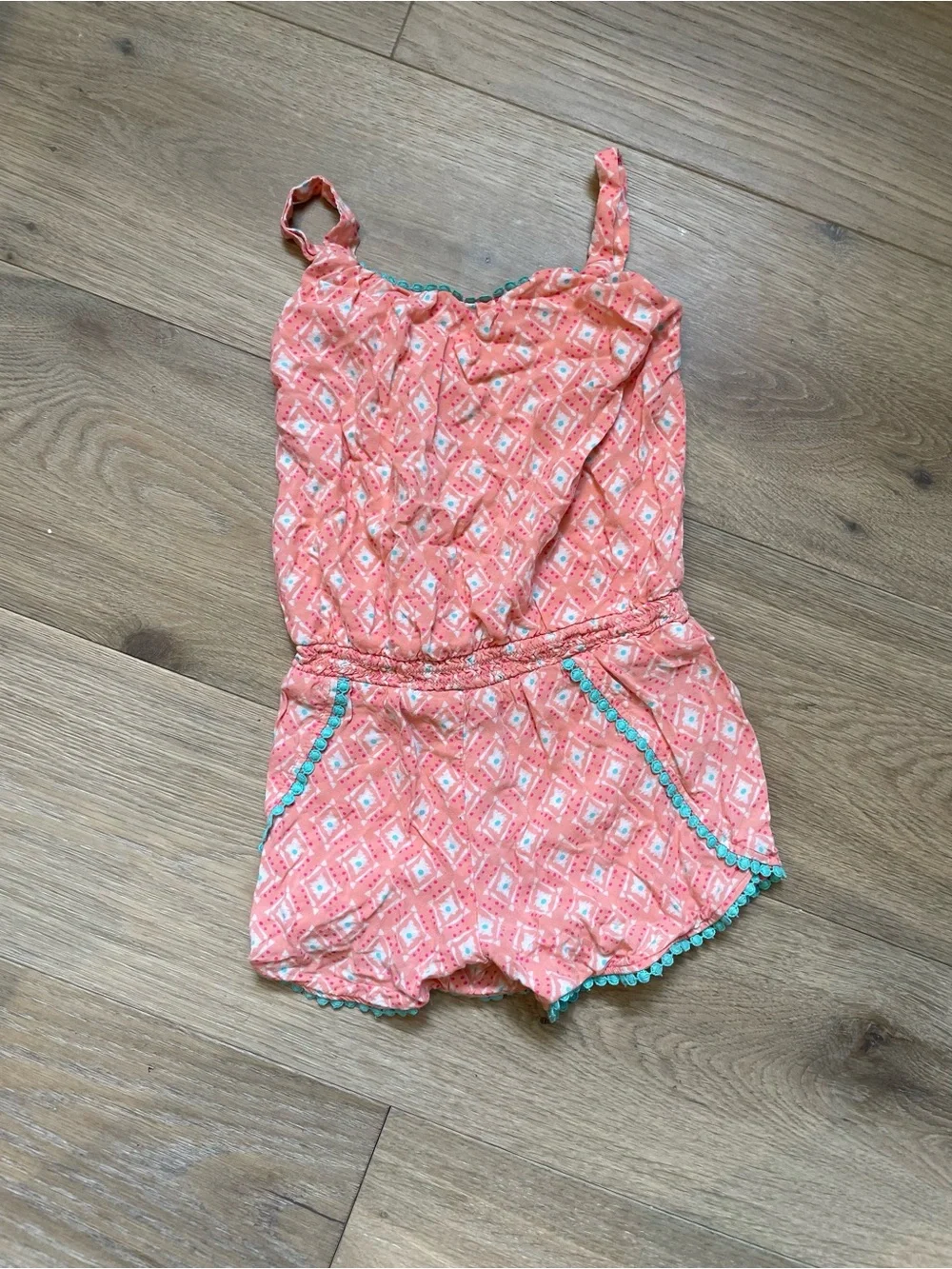 Cherokee Coral Pink Patterned Girls Romper with Teal Trim